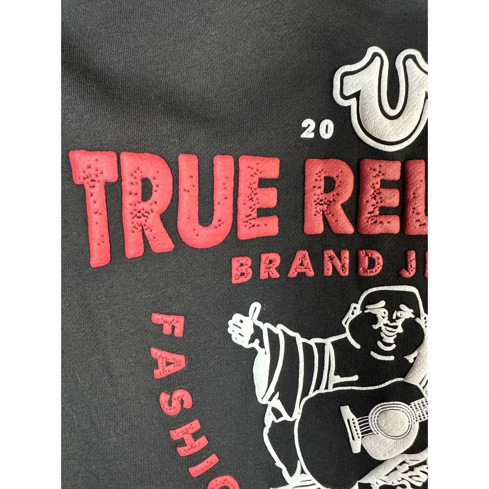 True Religion Mens TNL Puff Buddha Zip Hoodie Jet Black Red Stitch 701039 S